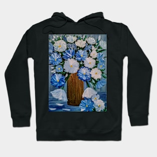 Some beautiful blue and white carnation flowers in a gold vintage vase painting Hoodie